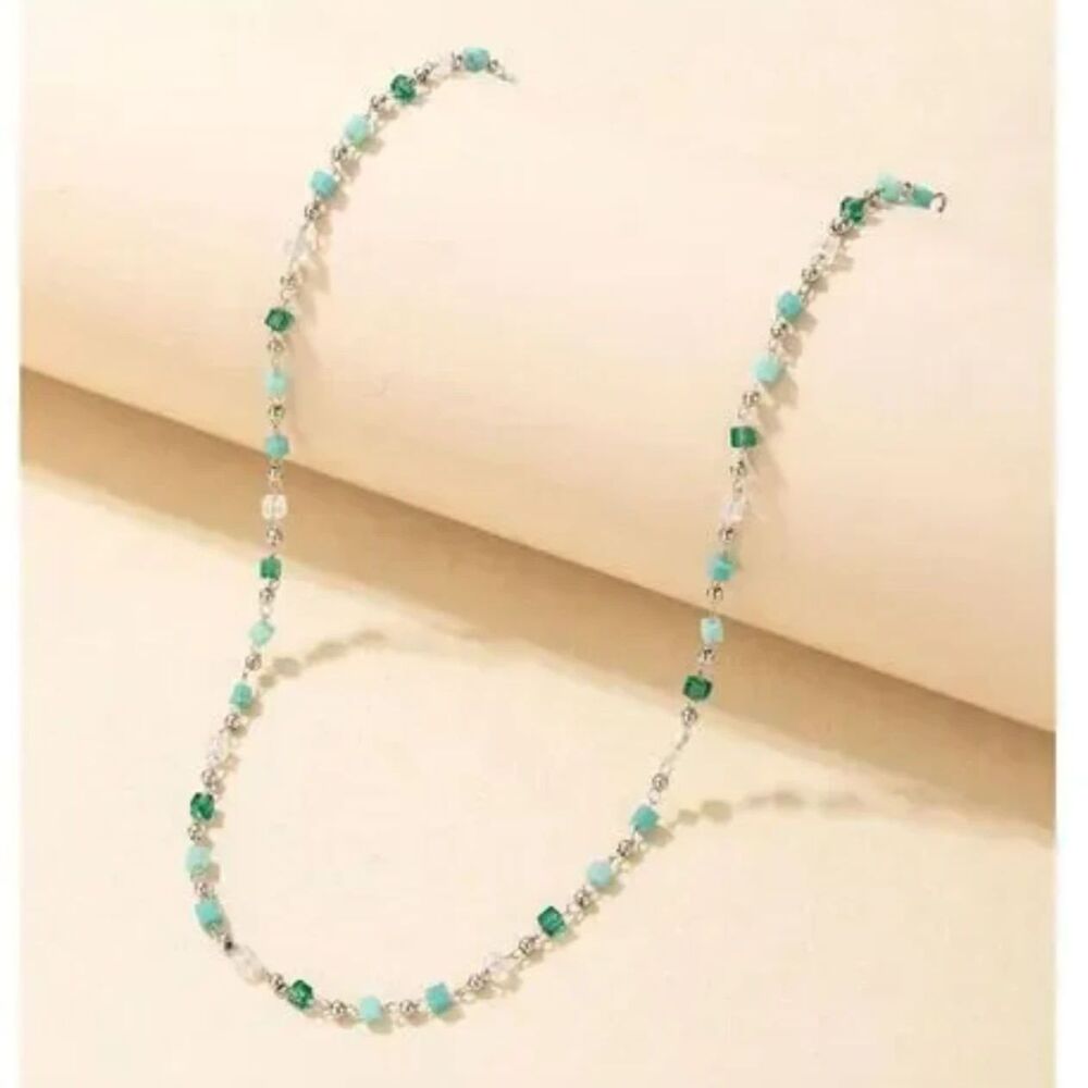 Beaded Gemstone Gold Chain Necklace Emerald Green Crystal Adjstbl Station Choker